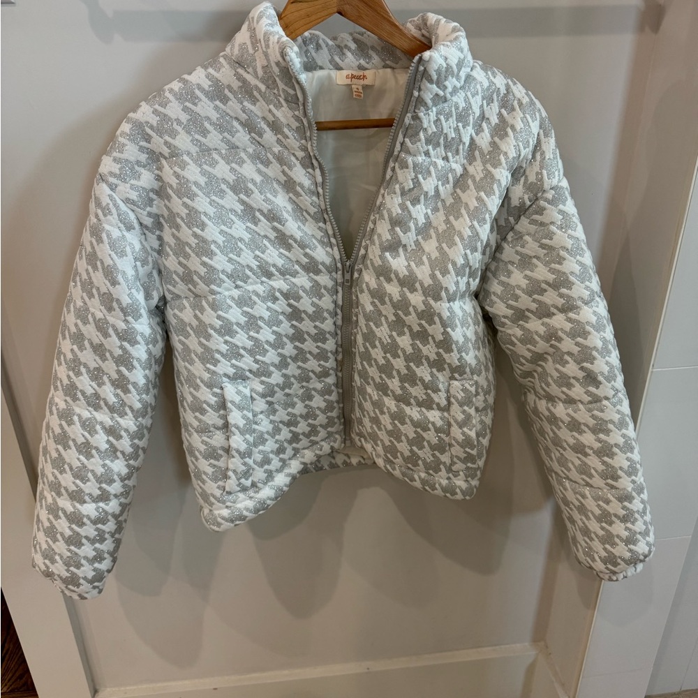 Gray and White Houndstooth Puffer Jacket